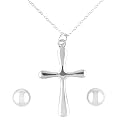 Cross Sterling Silver Necklace & Ball Earring Set - Silver ( 18" )