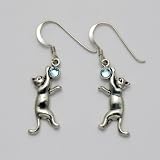 Dangling Cat with Blue Topaz Earrings