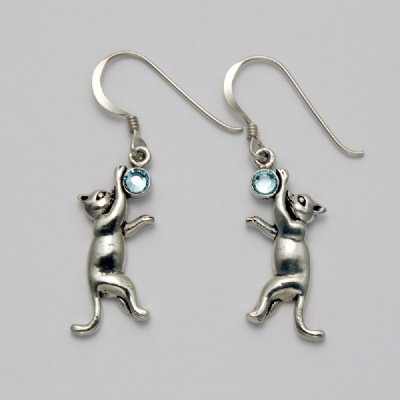 Dangling Cat with Blue Topaz Earrings