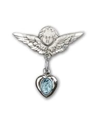 Sterling Silver Baby Badge with Blue Miraculous Charm and Angel with Wings Badge Pin