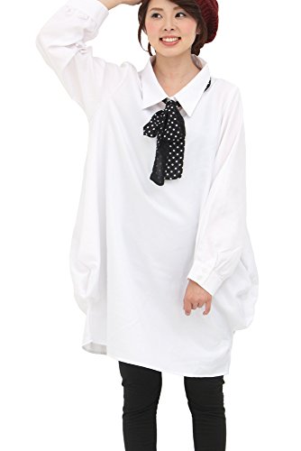 (Goldjapan)ゴールドジャパン 大きいサイズ レディース シフォン ドット柄 リボンタイ付き プルオーバー シャツ ワンピース チュニック 膝丈ワンピース ひざ丈ワンピース ロング ロング丈 ひざ丈 膝上 膝下 ハーフ丈 ミモレ丈 ミモレ 長袖 長そで ゆったり 着痩せ 体型カバー gold132