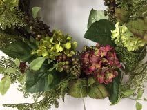 17" Silk Wreath with Green and Burgundy Hydrangeas