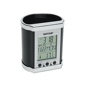 Victor PH500 Plastic Pencil Cup with LCD Display, 3 1/2 x 3 x 4, Black/Chrome/Pewter