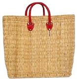 Hand Woven Small Moroccan Straw Tote Bag w/ Red Leather Handles 17"Lx6.5"Wx15"H