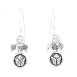 Small Round Raised Lotus Flower Dangle Earrings in Sterling Silver with Beads of Iolite, #8182