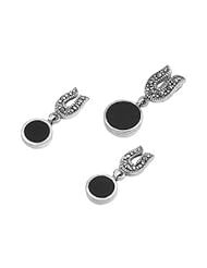 Sterling Silver Onyx Round Horseshoe Bail Vintage Style Marcasite Earring Pendant Set
