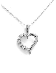 14K Real White Gold Open Heart CZ Cubic Zirconia Charm Necklace 18"