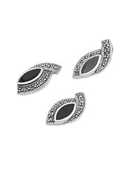 Sterling Silver Marquise Onyx Marcasite Covered Vintage Style Earring Pendant Set
