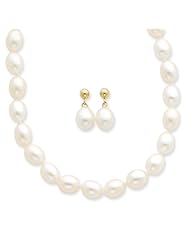 14k Yellow Gold White Potato Freshwater Cult. Pearl 18 in. Necklace/Earring Set