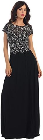 TwinMod Sheer Mesh Crystal Floral Embellished Sleeved Formal Evening Dress (MEDIUM)