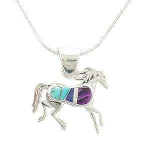 Southwestern Turquoise, Sugilite and Lapis Inlaid Horse Pendant in Sterling Silver by Native American Artist Calvin Begay on 18" Sterling Snake Chain , #7779