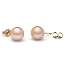 Pair of 8.0-9.0 mm, AAA Round Pink Freshwater Pearl Stud Earrings