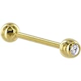 Solid 14KT Yellow Gold GEM CZ SOLITAIRE Barbell Tongue Ring