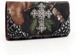 Mossy Oak ?? Camouflage Tri-fold Wallet w/ Rhinestone Cross &amp; Croco Trim - Silver Color: Camouflage/Black Trim w/ Silver Accent
