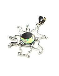 Natural Black Onyx and Lab Created Opal Sun and Moon Design Sterling Silver Pendant with Rhodium Plated, with 16" or 18" Italian Sterling Silver Chain