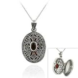 Sterling Silver Filigree Marcasite Genuine Garnet Cross Locket