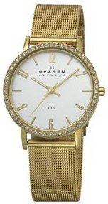 Skagen #922SGG Women's Gold Tone White Dial Swrovski Crystal Accented Mesh Band Watch