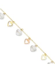 14K Three Tone Gold 9in Adjustable Heart Anklet. Metal Wt- 2.26g