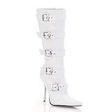 4 1/2 Inch Sexy High Heel Knee Boot Stiletto Heel Pointed Toe Featuring Buckle White Patent