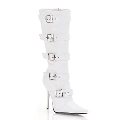 4 1/2 Inch Sexy High Heel Knee Boot Stiletto Heel Pointed Toe Featuring Buckle White Patent