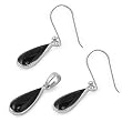 Sterling Silver Pendant/Earring Set - Tear Drop Shaped Black Onyx - Pendant:16mm, Earrings:16mm