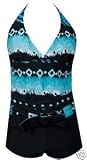 Womens MW Two Piece Tankini Boyshorts Swimsuit, Turquoise and Black African Print