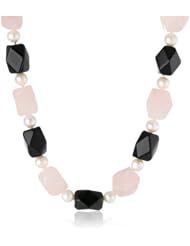 Fancy Rose Quartz with 6mm Faceted Black Agate Beads and 8-8.5mm White Freshwater Cultured Pearls Accented Necklace, 18"