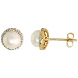 14k Gold Pearl Stud Earrings, w/ 0.14 Carat Brilliant Cut Diamonds & 7mm White Pearls, 3/8 in. (9mm)