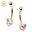 14Kt. Yellow Gold Belly Button Ring Barbell with Clear CZ in Top Ball and Heart Shaped Clear CZ in Prong Setting - 14G (1.6mm) - 3/8 (10mm) Length - 4mm Top Ball Size - Sold Individually