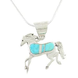 Southwestern Turquoise Inlaid Horse Pendant in Sterling Silver by Native American Indian Artist Calvin Begay on 18" Sterling Snake Chain , #7780