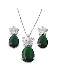 Sterling Silver Pear Emerald Earrings and Necklace Jewelry Set wtith Clear CZ
