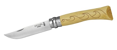 Opinel Nature Messer Nr. 7, Waves, Sandvik Stahl 12C27, Virobloc-System, Buchsbaumgriff, Motivgravur