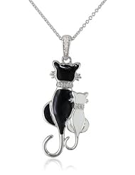 Sterling Silver Black and White Enamel Diamond Accent Cat Pendant Necklace, 18"
