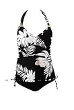 Womens Marina West Two Piece Plus Size Tankini Swimsuit, Tropical Floral Print, Black and Cream