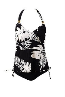 Womens Marina West Two Piece Plus Size Tankini Swimsuit, Tropical Floral Print, Black and Cream