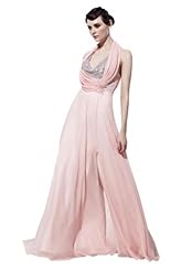 A-line V-neck Sequined Beaded Halter Sleeveless Cocktail Floor Length Chiffon Evening Dress/Homecoming Dress/Pageant Dress/Prom Dress/Party Dress/Wedding Dress 