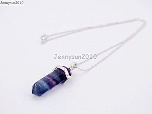 Natural "Multi-Colored Fluorite " Gemstones Hexagonal Pointed Reiki Chakra Pendant 18K Silver Necklace