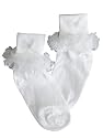 Girls Dress White Socks - Nylon Fancy Socks for Pageants, Flower Girls, Christmas and more! Organza Ruffle with Bow and Pearl Accents - Baby Girl's 0 through big girl shoe size 3