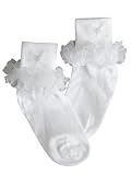 Girls Dress White Socks - Nylon Fancy Socks for Pageants, Flower Girls, Christmas and more! Organza Ruffle with Bow and Pearl Accents - Baby Girls 0 through big girl shoe size 3