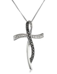 10k White Gold 1/7 Cttw Black and White Diamond Cross Pendant Necklace, 18"