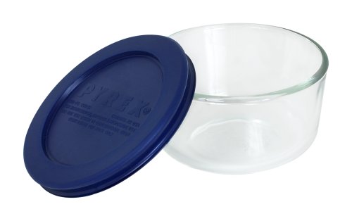 Pyrex Storage 1-Cup Round Dish with Dark Blue Plastic Cover, Clear