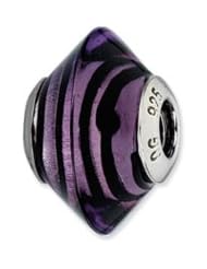 Sterling Silver Purple with Black Stripes Italian Murano Glass Charm