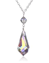 Sterling Silver Swarovski Elements Crystal Aurora Borealis Teardrop Pendant Necklace with Bicone Necklace, 18"