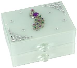 Jeweled Peacock Glass Jewelry Trinket Box with Two Drawers