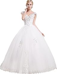 V-neck Cap Sleeves Crystals Lace-Up Beaded Crystal  Tulle  Ball Gown Quinceanera Dress/Wedding Dress  with a Chapel Train 