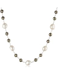 Sterling Silver Linked Pyrite Beads and White Baroque Freshwater Cultured Pearls Necklace, 16"+2" Extender