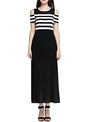 Petite Off the Shoulder Striped Print Round Neck Slit Chiffon Maxi Dress 