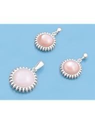 Sterling Silver Pink Pearl Embossed Round Earring Pendant Set