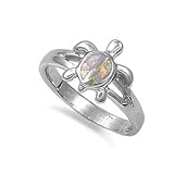 Sterling Silver Turtle White Opal Ring (Size 6 - 10)