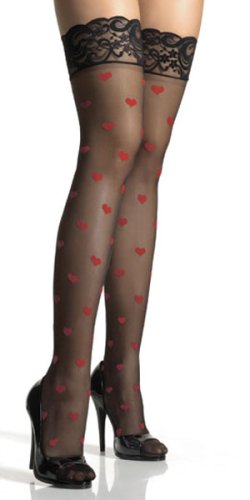 Lycra Sheer Lace Top Thigh Highs With Woven Hearts by Leg Avenue